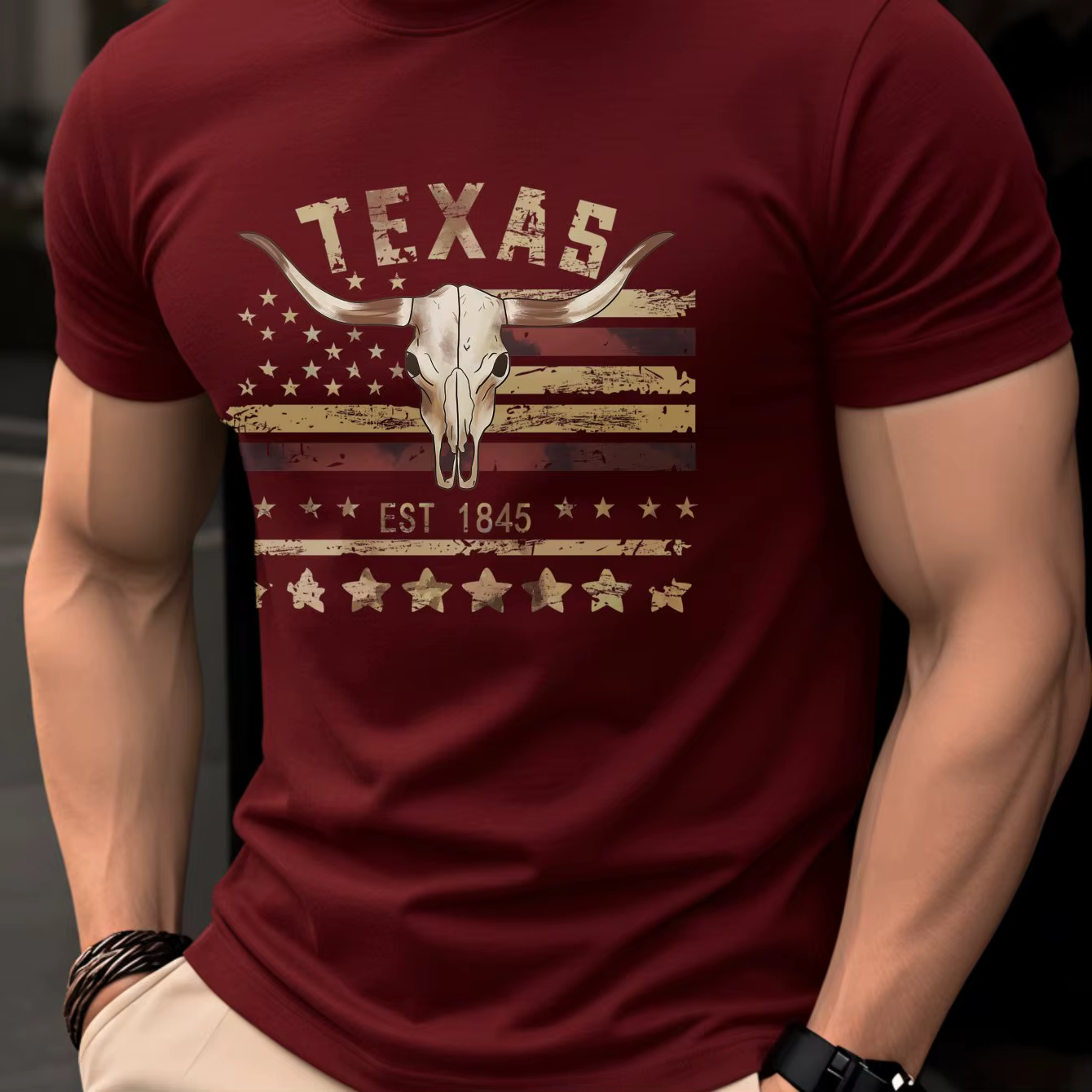 T-shirt pour homme Texas EST 1845 avec crâne de Longhorn