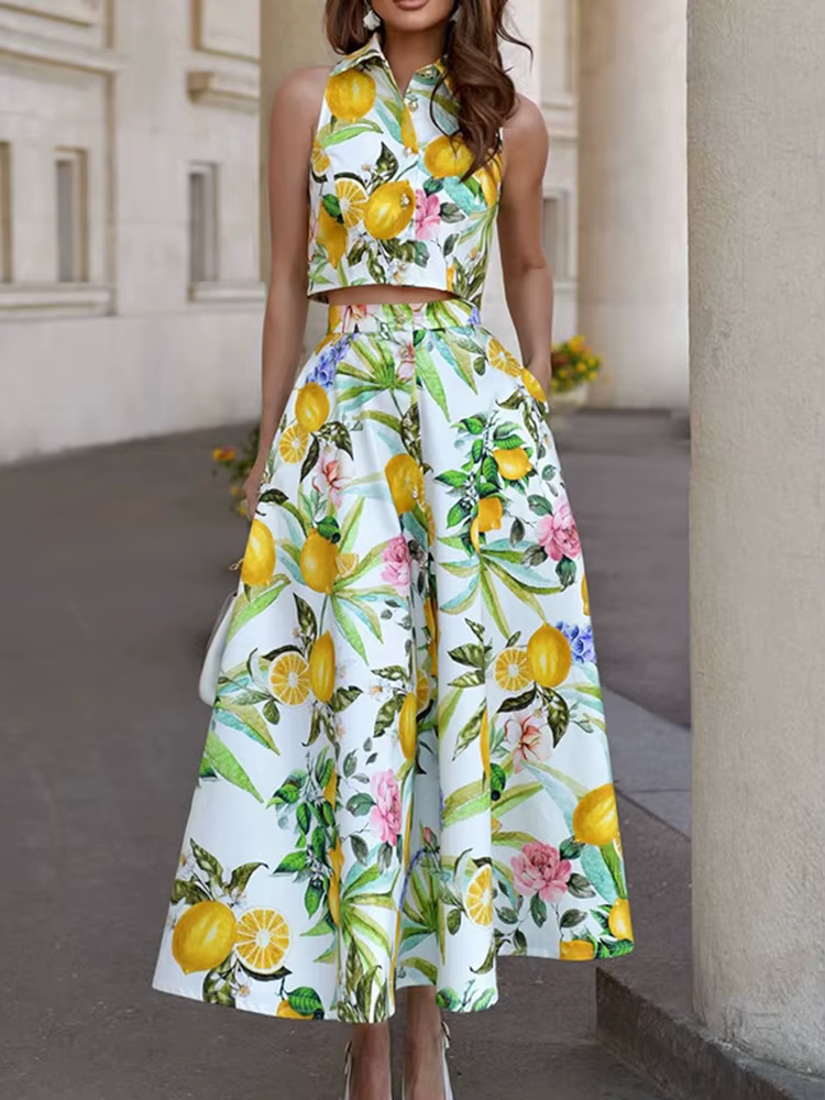 Ensemble 2 pièces élégant : Chemise sans manches à revers et boutons & Jupe longue taille haute imprimée avec poches – Tenue décontractée et tendance