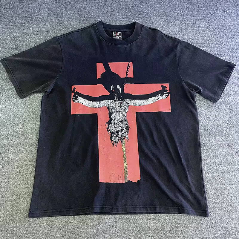 T-shirt vintage délavé noir vieilli SAINT pour homme et femme – Qualité supérieure