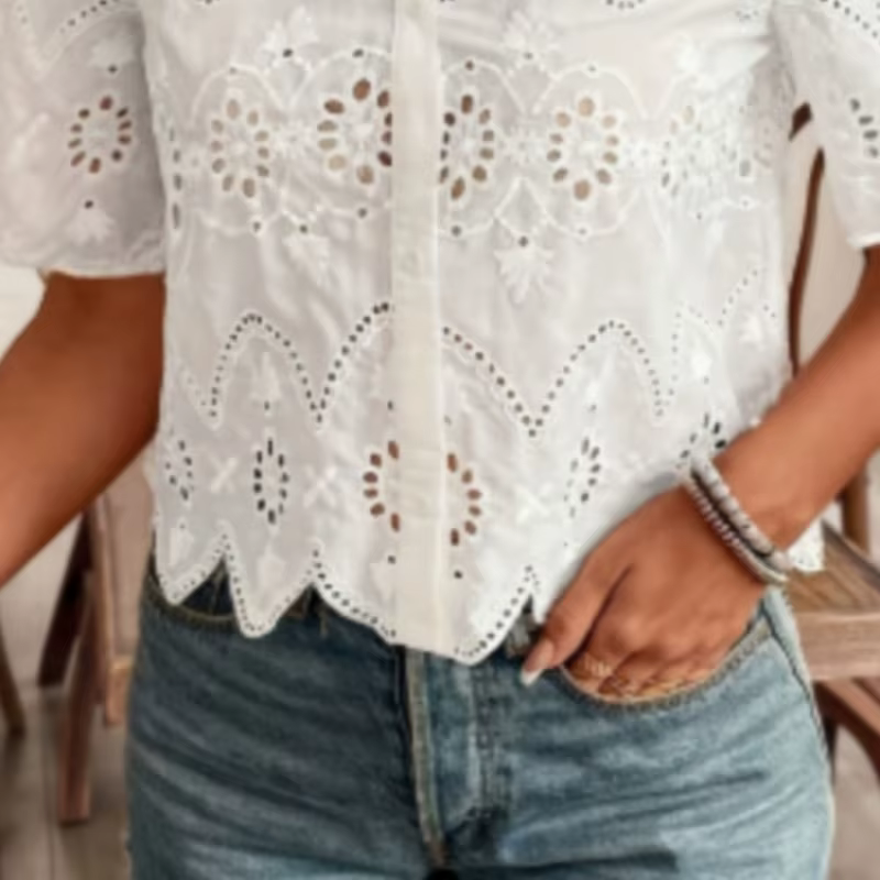 Femmes blanc chemise élégante mode crochet fleur creux à manches courtes hauts chemises
