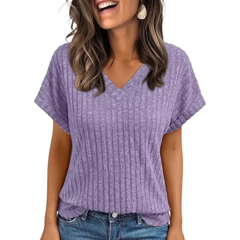 Vêtements pour femmes Europe amérique tout-match tricot T-shirt été 2025 nouveau décontracté col en v à manches courtes pull dame solide hauts