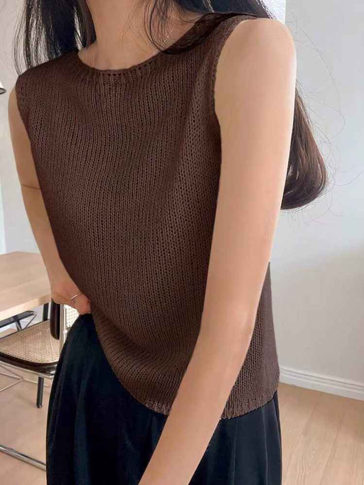 Pull sans manches à col rond pour femme, couleur unie, tricot ample, élégant, confortable, respirant, pour l'été, pour les loisirs