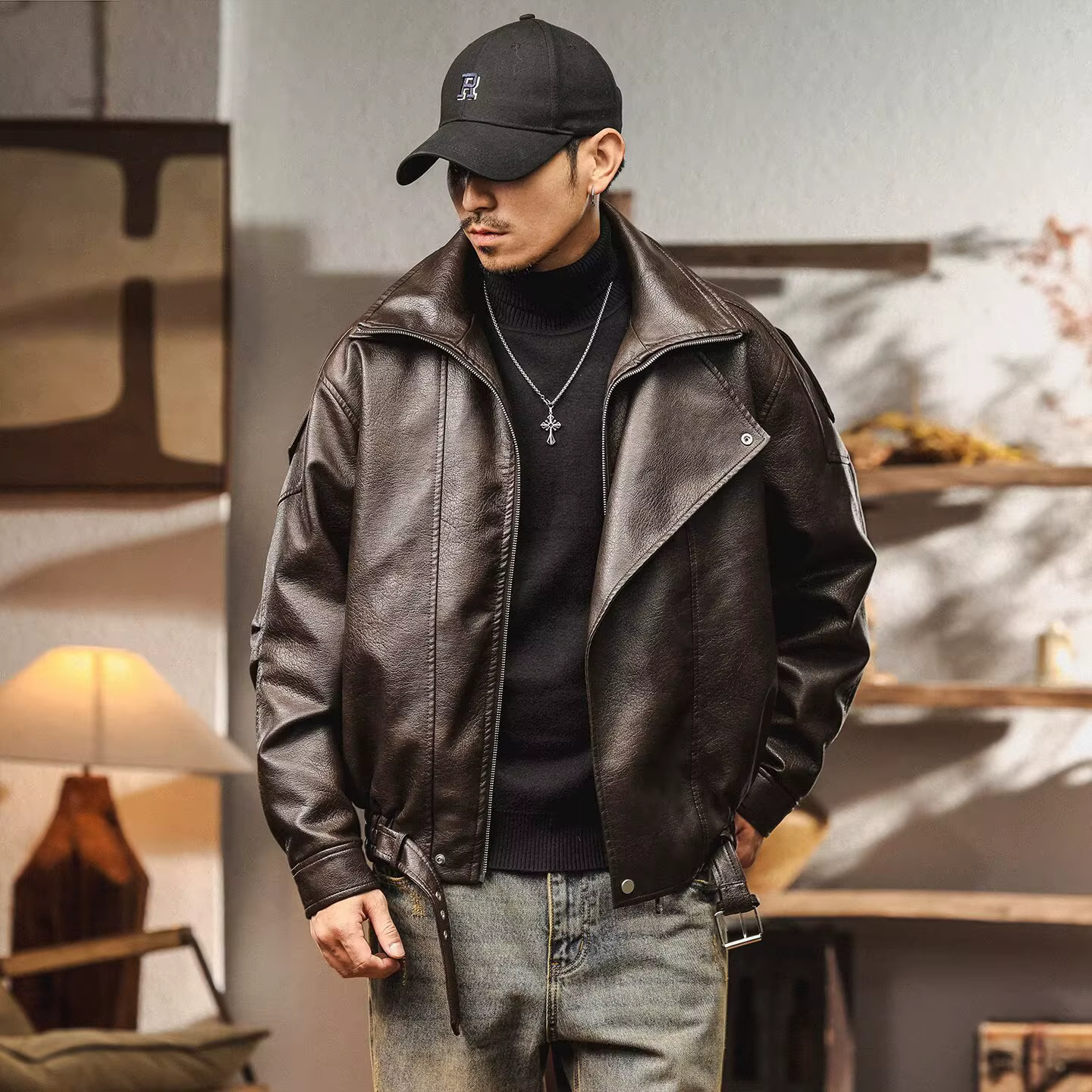Veste en cuir PU rétro américain pour hommes