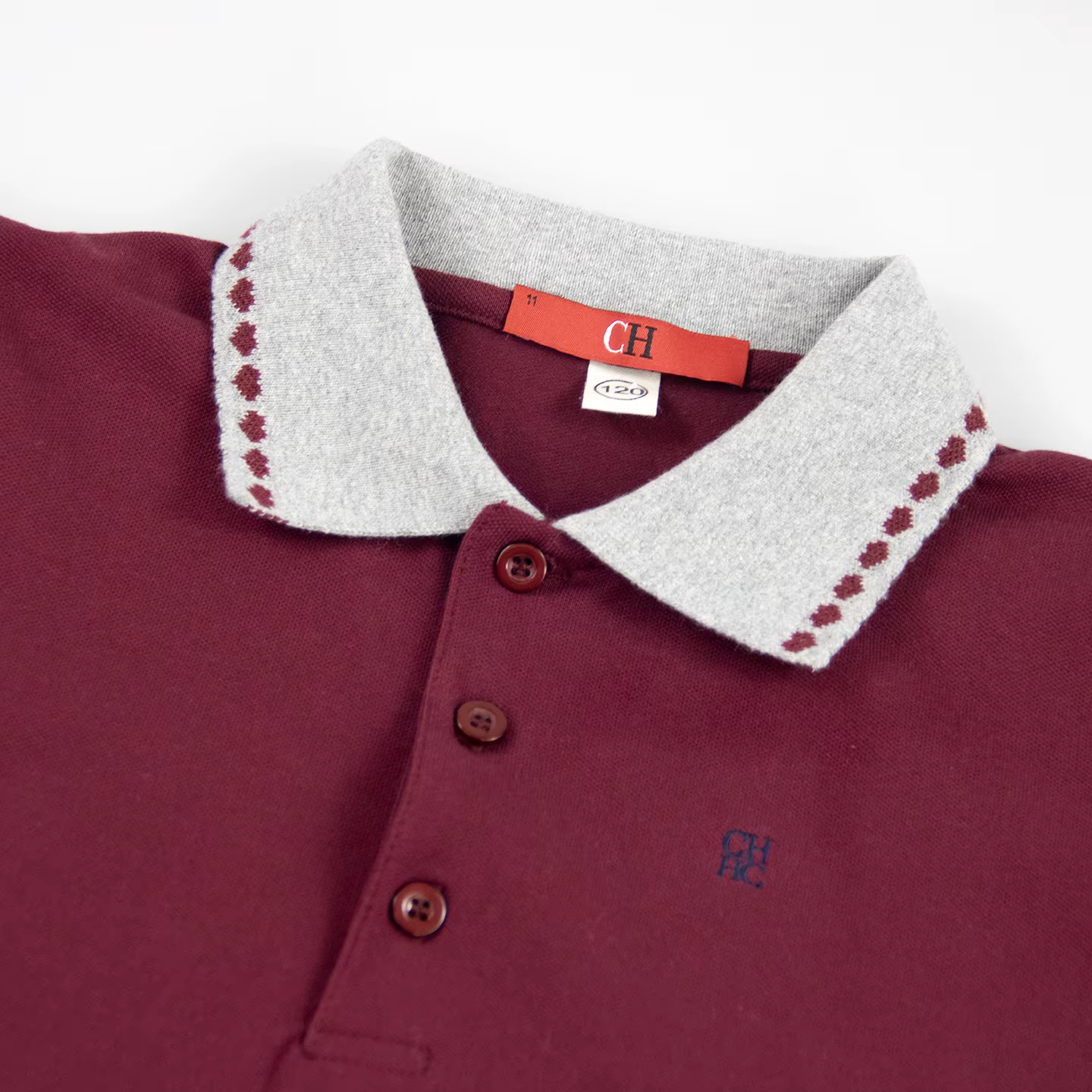 Polo à manches longues CH Bourgogne avec col gris contrastant brodé en coton doux pour enfants