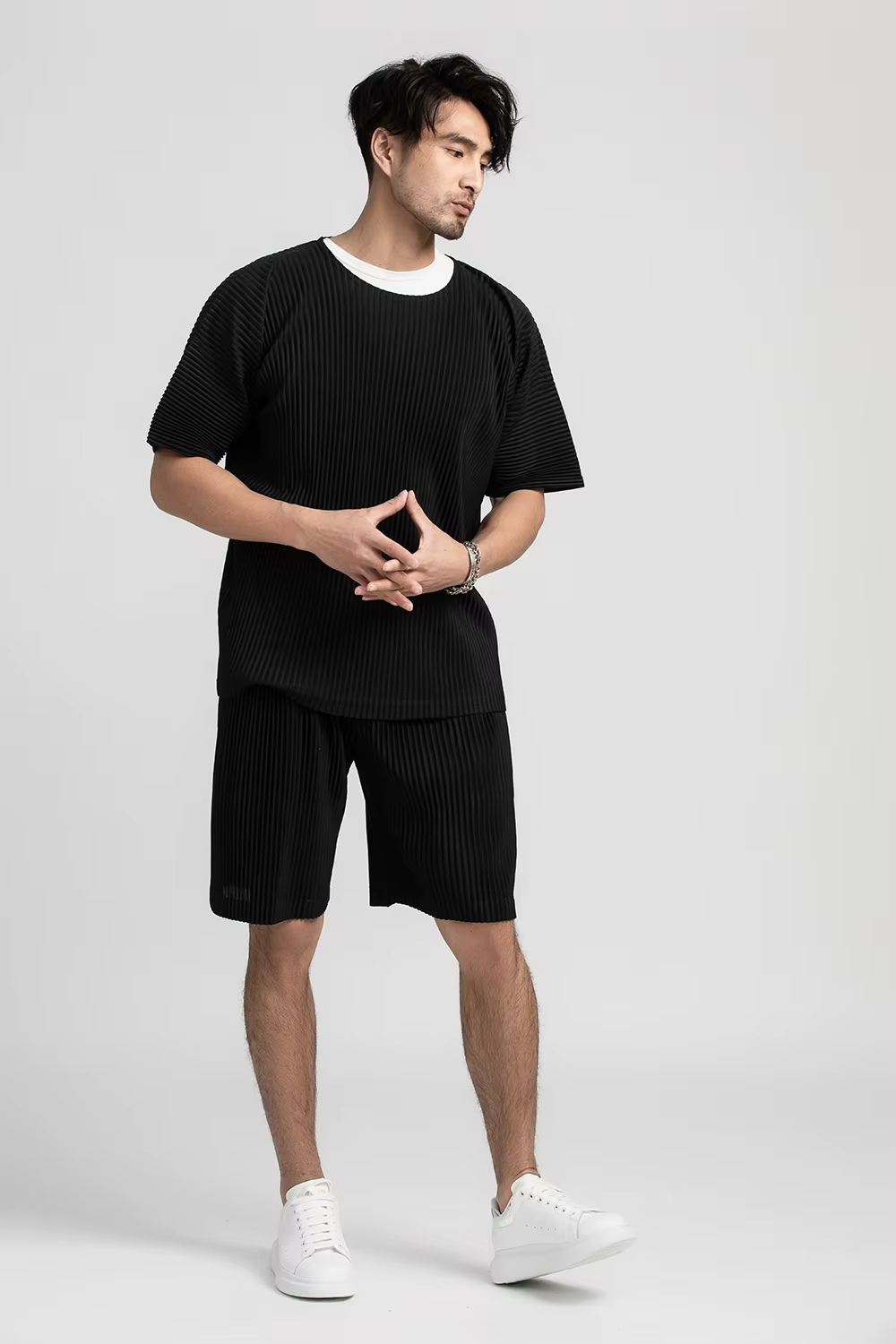 Miyake T-Shirt plissé pour hommes vêtements d'été à manches courtes