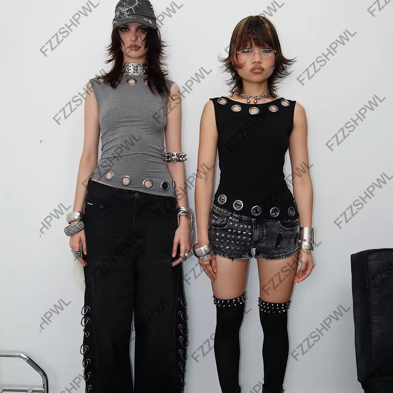 Cool Y2k Débardeur Punk Mode Harajuku Pore décoration Hiphop Gilet Décontracté Unique Haut Sans Manches Grunge Goth