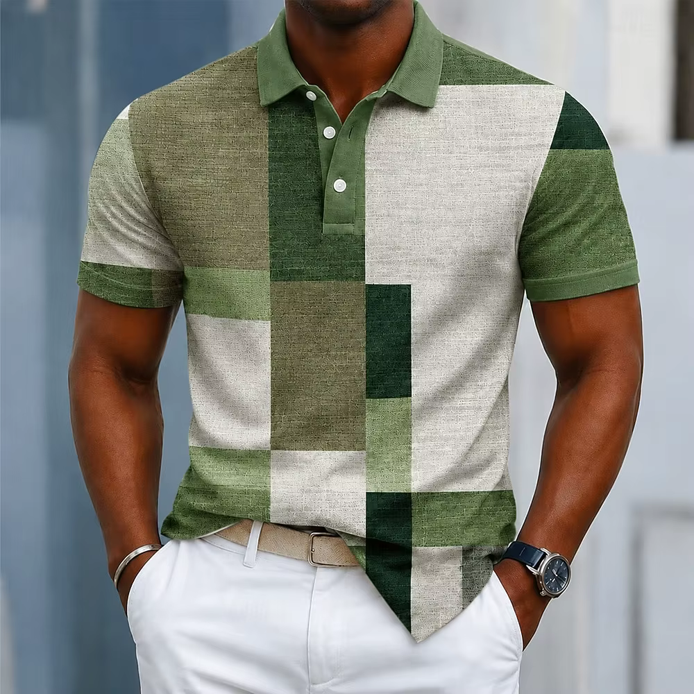 Polo à carreaux marron et violet pour homme