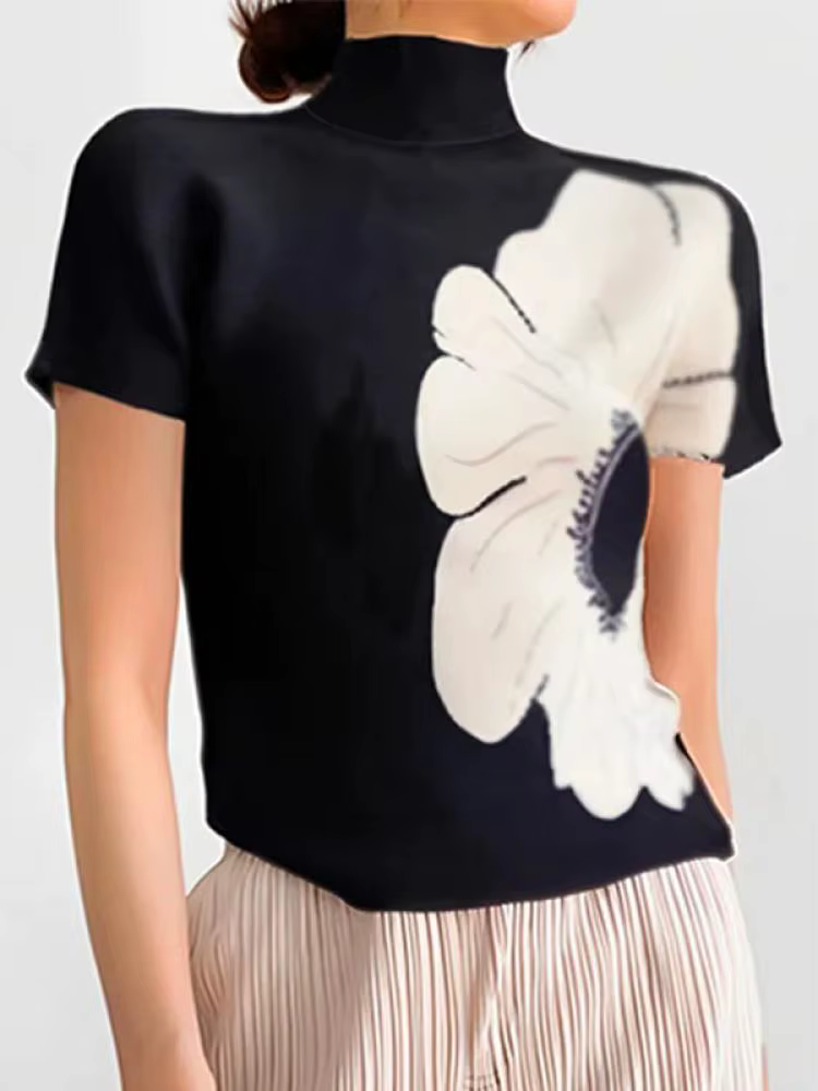 Yeezzi 2024 nouveautés été manches courtes imprimé fleuri bases T-Shirt femmes mode coupe ajustée col haut décontracté hauts