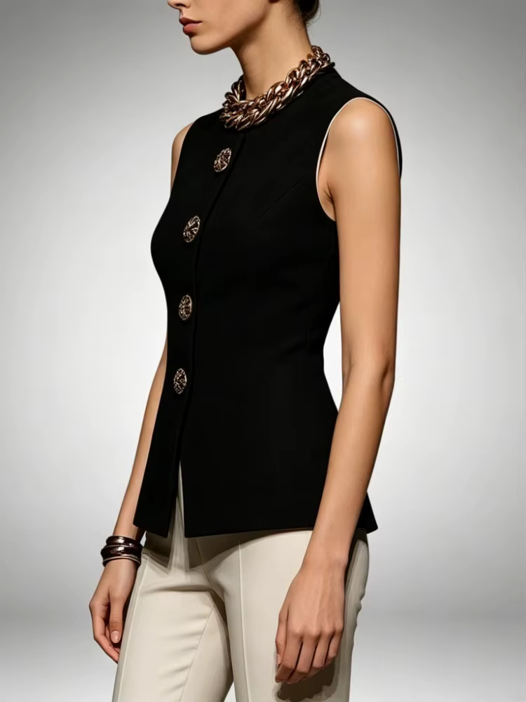 Modigirl 2025 noir élégant été hauts pour femmes sans manches bouton Simple Streetwear T-shirts femme sortir vêtements