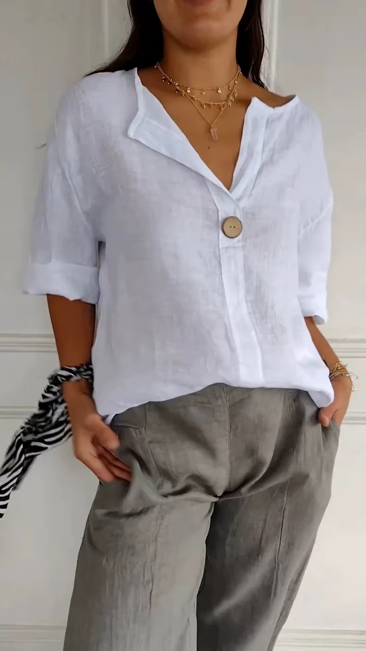 Lâche coton lin boutonné col en V t-shirt femmes été nouveau Style transfrontalier haut décontracté à la mode coupe