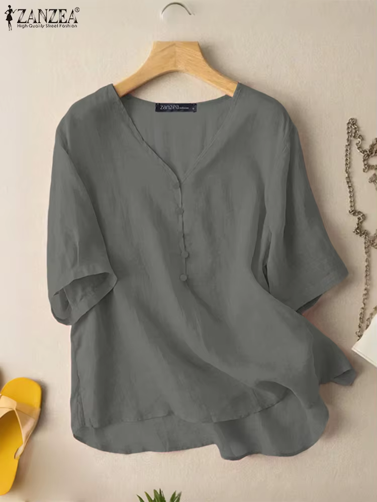 ZANZEA femmes Blouses Vintage 2025 été décontracté col en v demi manches haut-bas Blusas Mujer confort week-end couleur unie tunique hauts