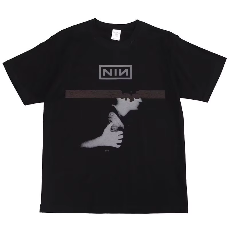 T-shirt à manches courtes rétro hip-hop américain imprimé offset Nine Inch Nails Rock Band