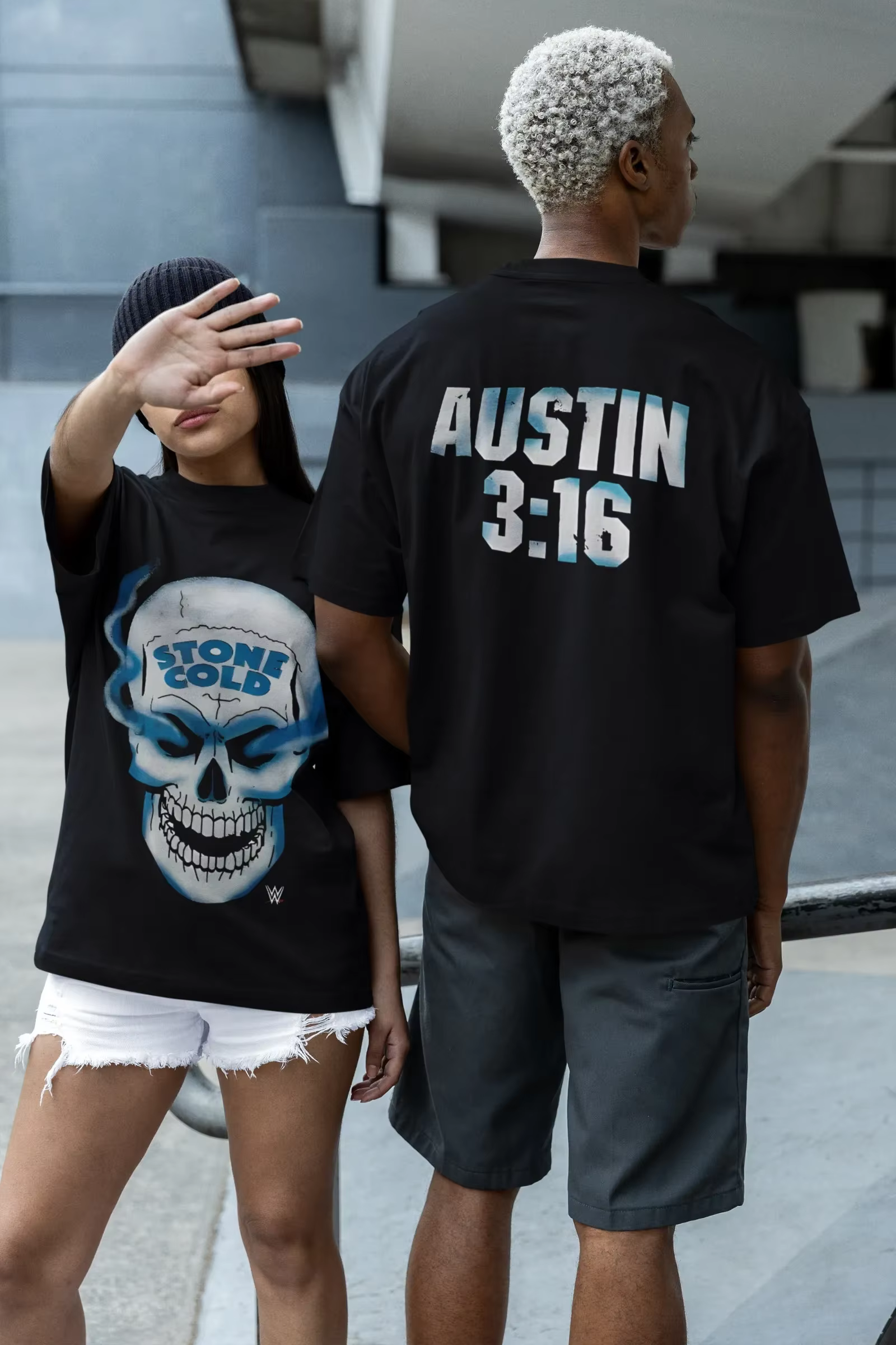 T-shirt Stone Cold Steve og Skull pour homme, 3 po, 16 po, devant et dos