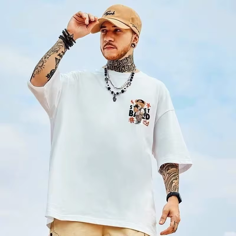 8XL hommes T-shirt style décontracté adolescent étudiant T-shirt américain Vintage mignon Selfie ours en peluche imprimé T-shirt ample grande taille grand haut