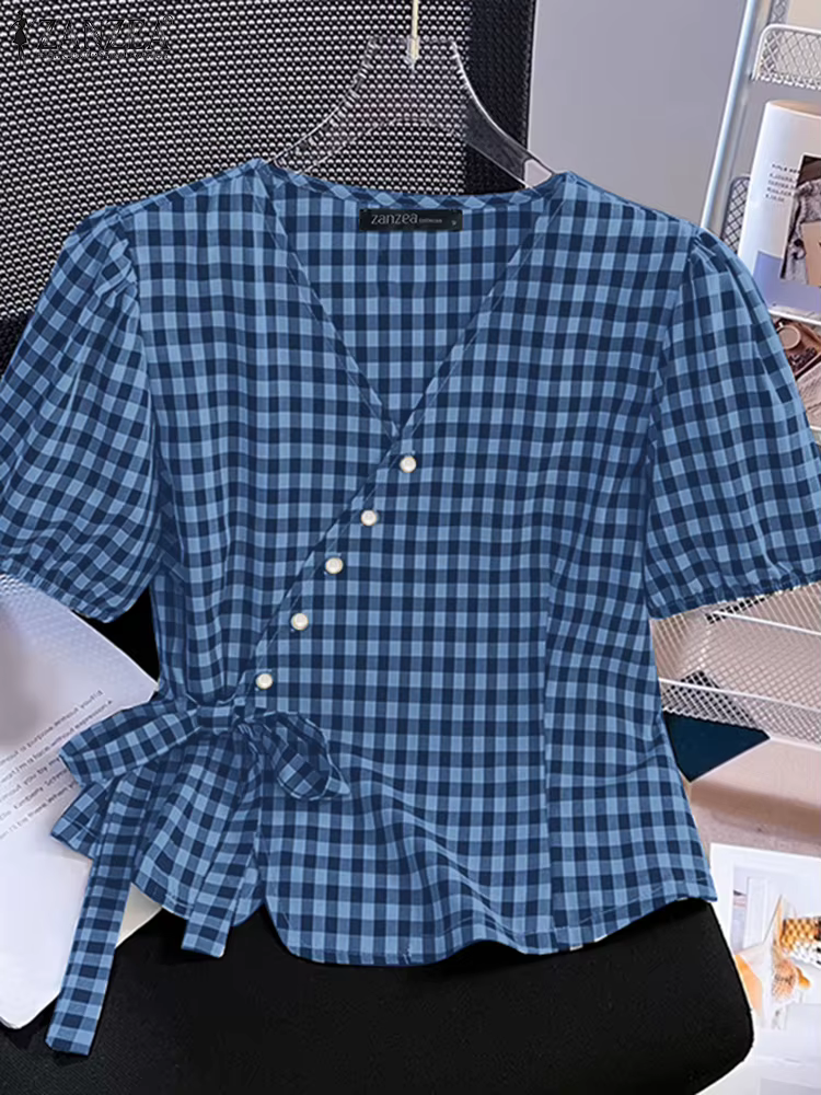 ZANZEA manches courtes bouffantes Vintage Blouses taille nouée décontracté été col en v Peplum hauts femmes vichy élégant enveloppé chemises