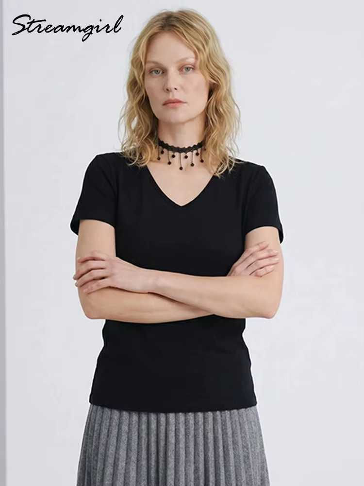T-shirt Streamgirl d'été en modal à col en V et manches courtes pour femme