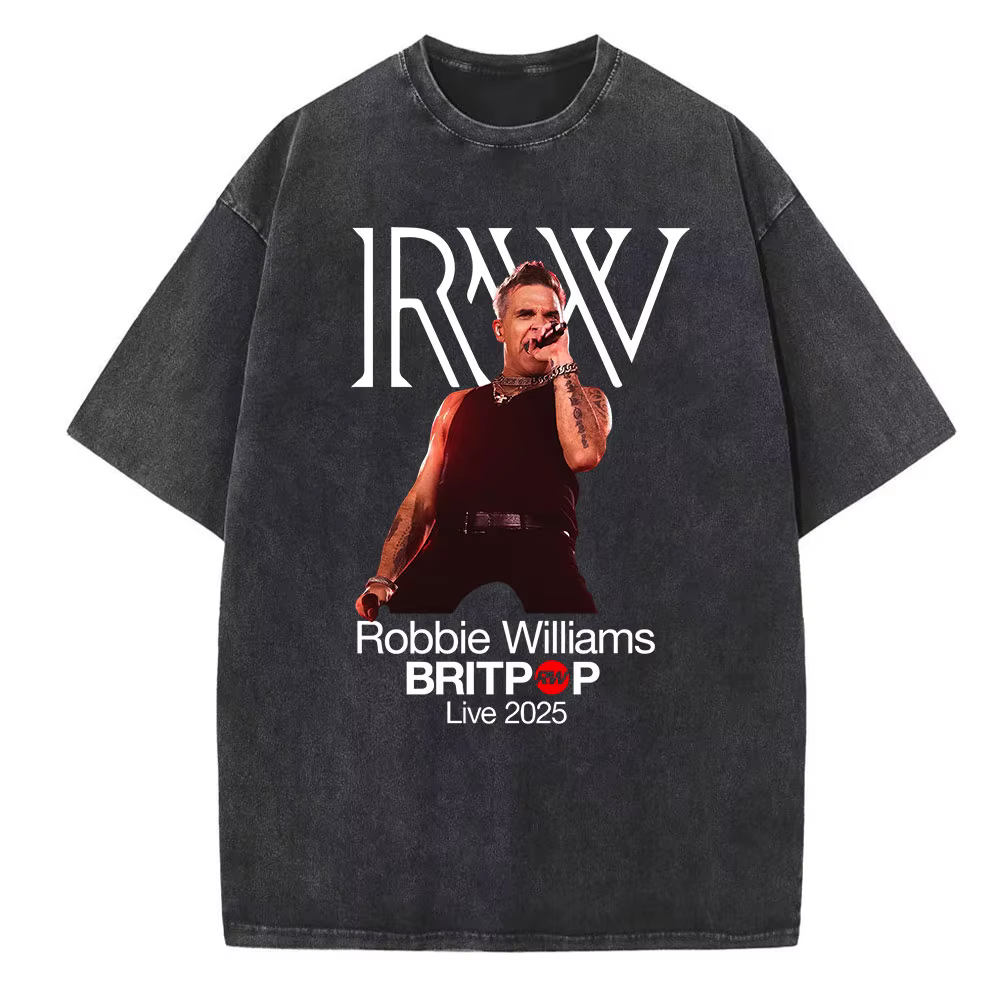 Robbie-Williams Tour 2025 T-shirt délavé Vintage col rond homme femme haut cadeau