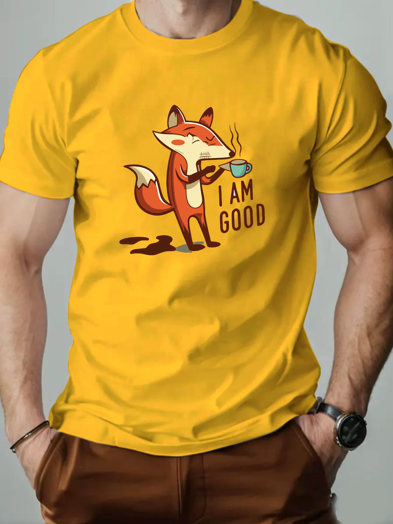 T-Shirt homme Animal renard dessin animé motif été loisirs respirant 100% coton col rond