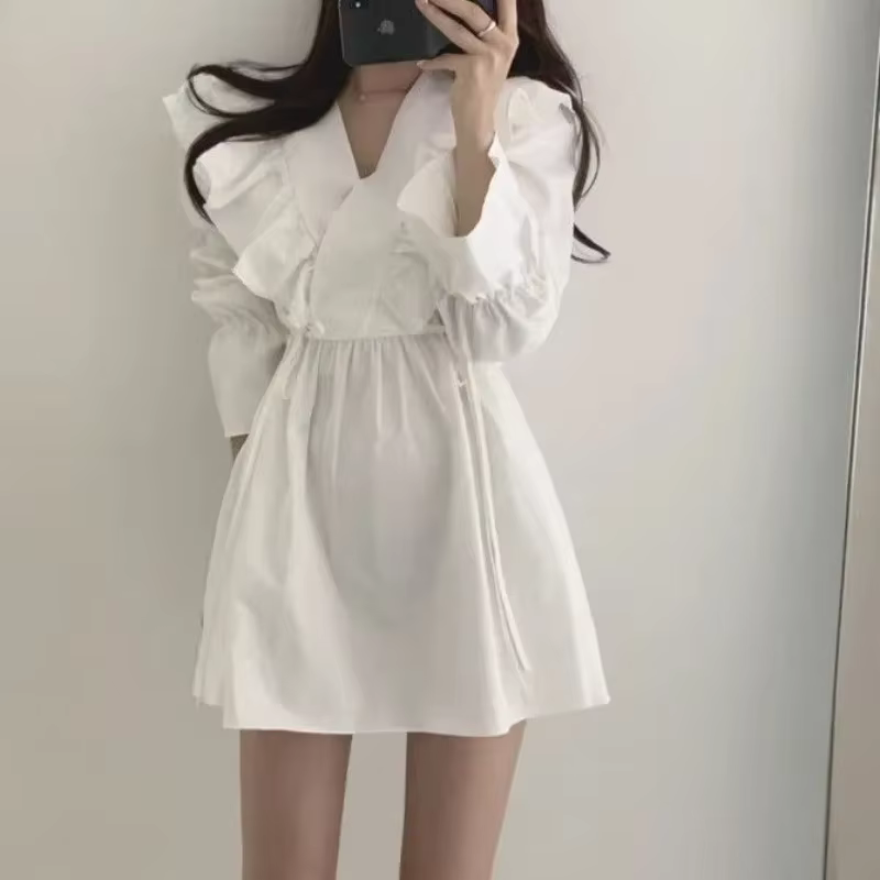 Femme robe à manches longues cravate élastique sensuel Sexy esthétique de haute qualité luxe épais chaud pas cher décontracté robes à volants pour les femmes