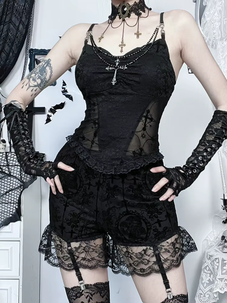 Punk gothique Camisole femmes centre commercial foncé Goth Y2k Streetwear Grunge Emo Sexy dentelle Patchwork chaîne