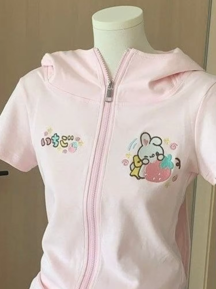 Kawaii dessin animé broderie t-shirts femmes Y2k esthétique T-shirt à capuche Style japonais coupe ajustée fermeture