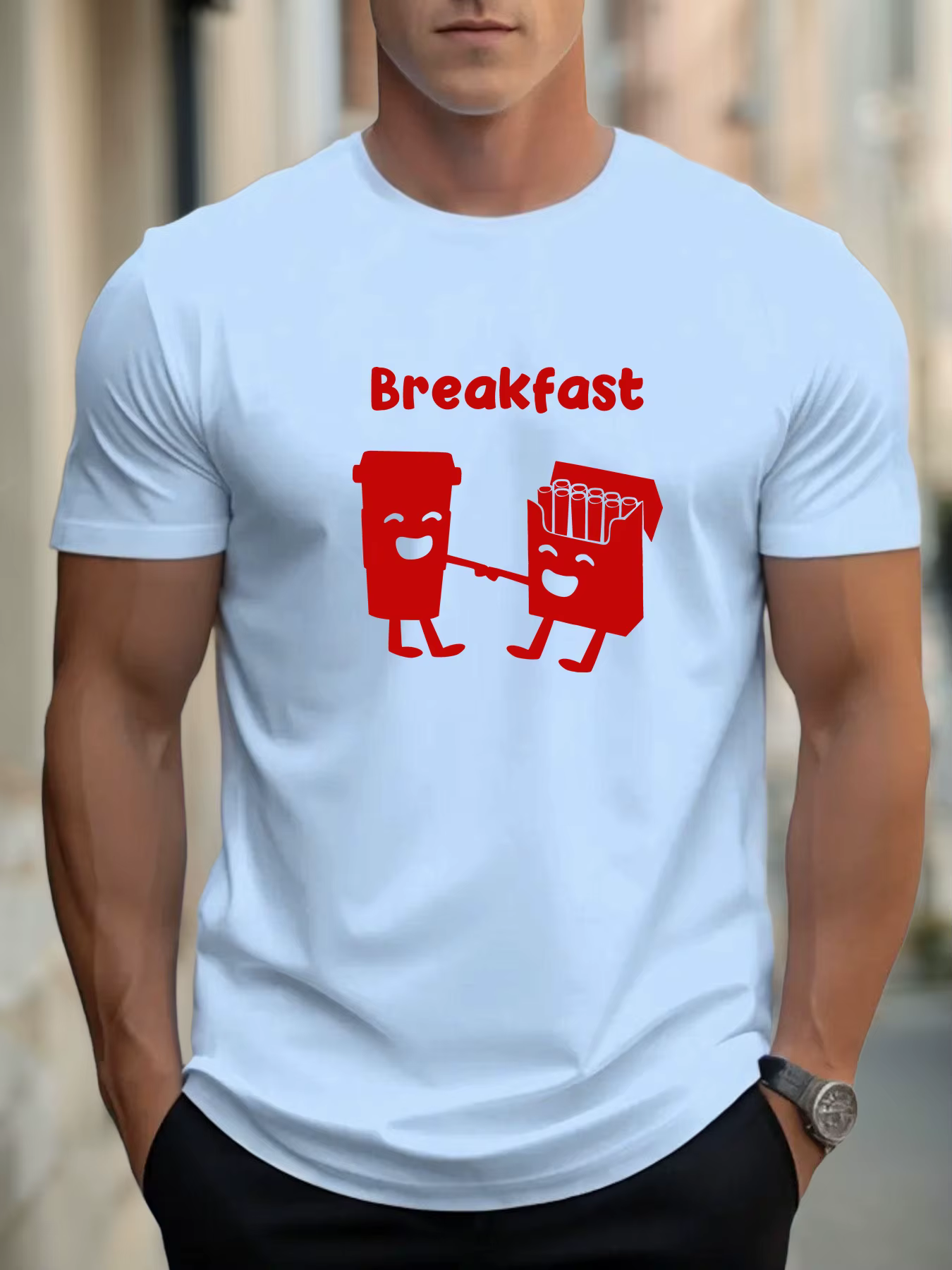 T-shirt pour hommes petit-déjeuner 100 % coton impression graphique été