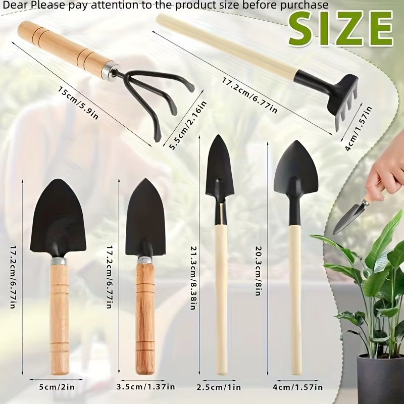 Ensemble de 6 mini-outils de jardinage avec manche en bois, kit de jardinage pour la plantation de légumes, de fleurs et le désherbage