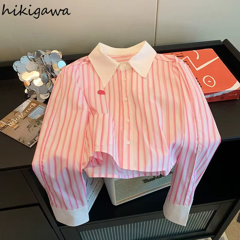 Rose rayé femmes hauts à manches longues tempérament Blouses 2025 Blusas Mujer De Moda mode décontracté été recadrée chemises Blouse