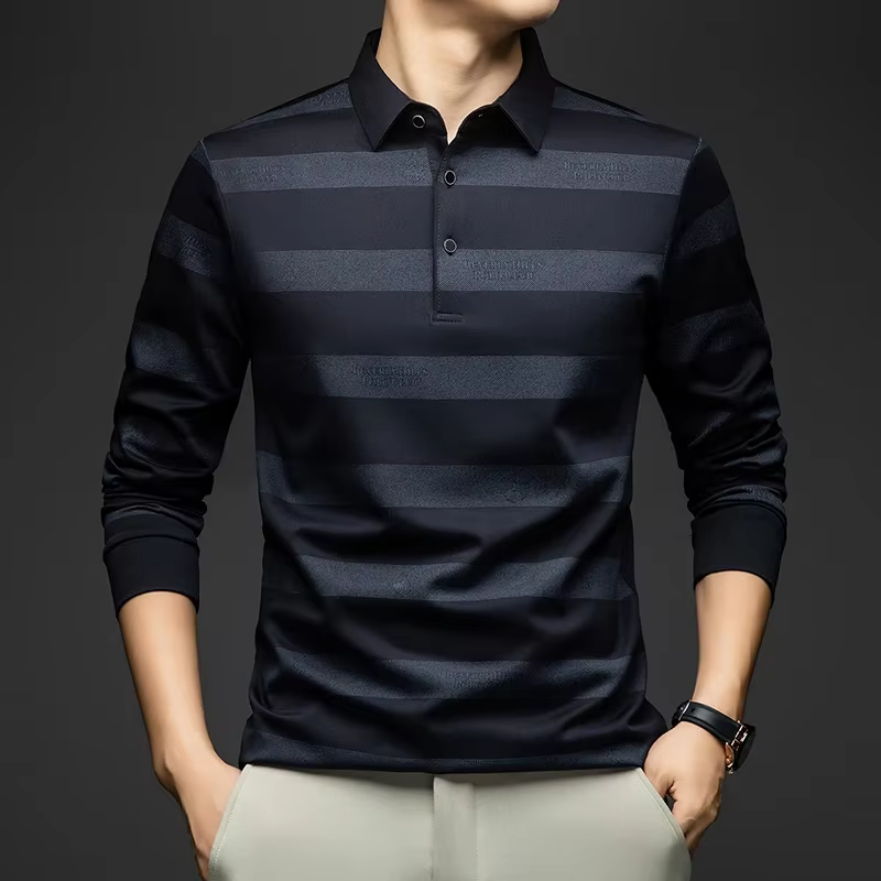 Chemises Polo Élégantes pour Hommes BROWON Printemps Automne 2026 Manches Longues Col Revers Grand Motif Rayé T-shirt Homme Nouveauté dans la catégorie Hauts & T-shirts