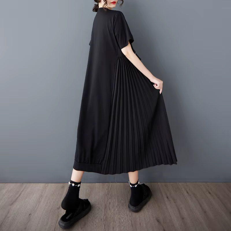 Manches courtes surdimensionné vintage noir plissé nouveau en robes pour femmes décontracté ample longue robe d'été vêtements élégants 2025