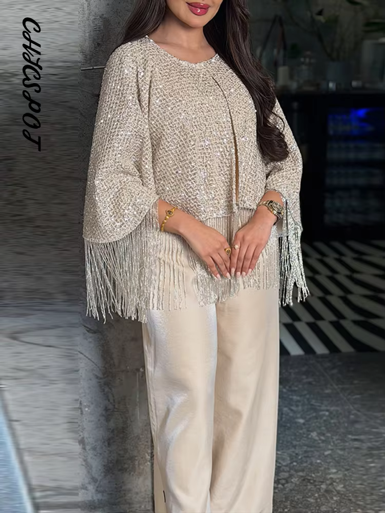 Tops châles oversize à sequins et franges pour femmes, col rond sexy, manches longues, brillants, coupe ample, capes chic pour soirées et clubs