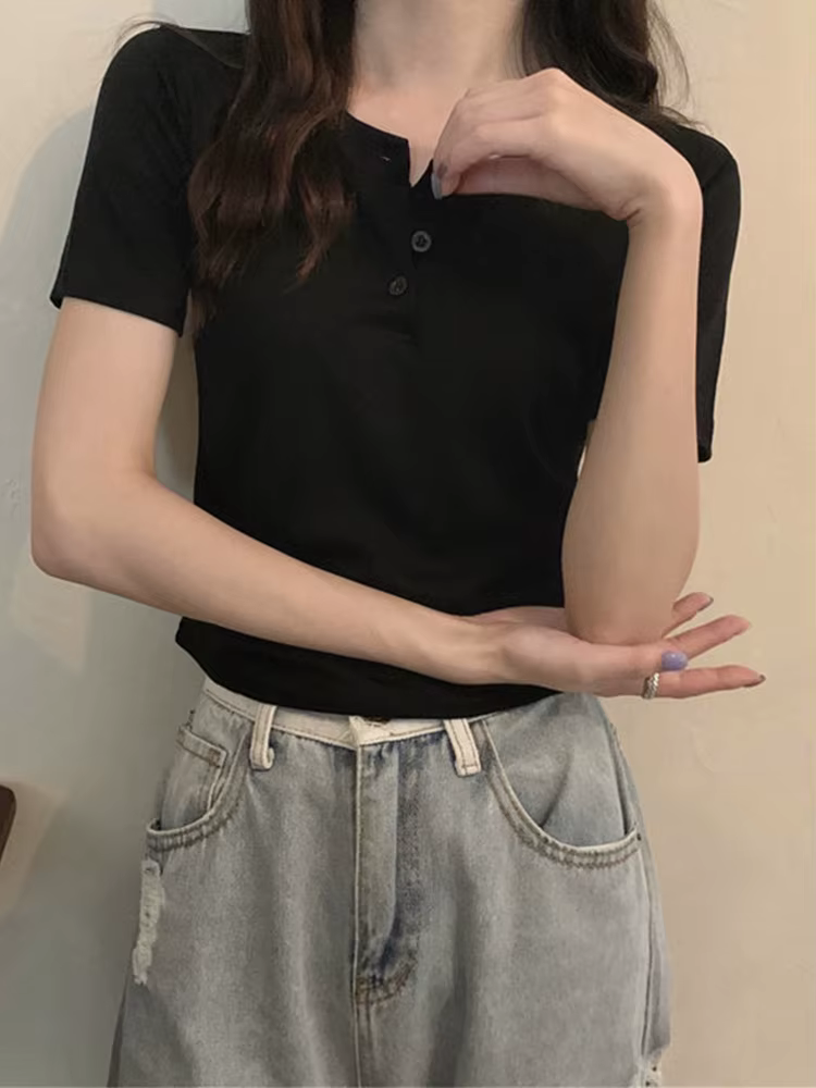 Femmes t-shirt bouton ouvert à manches courtes haut court dames vêtements 2024 solide basique