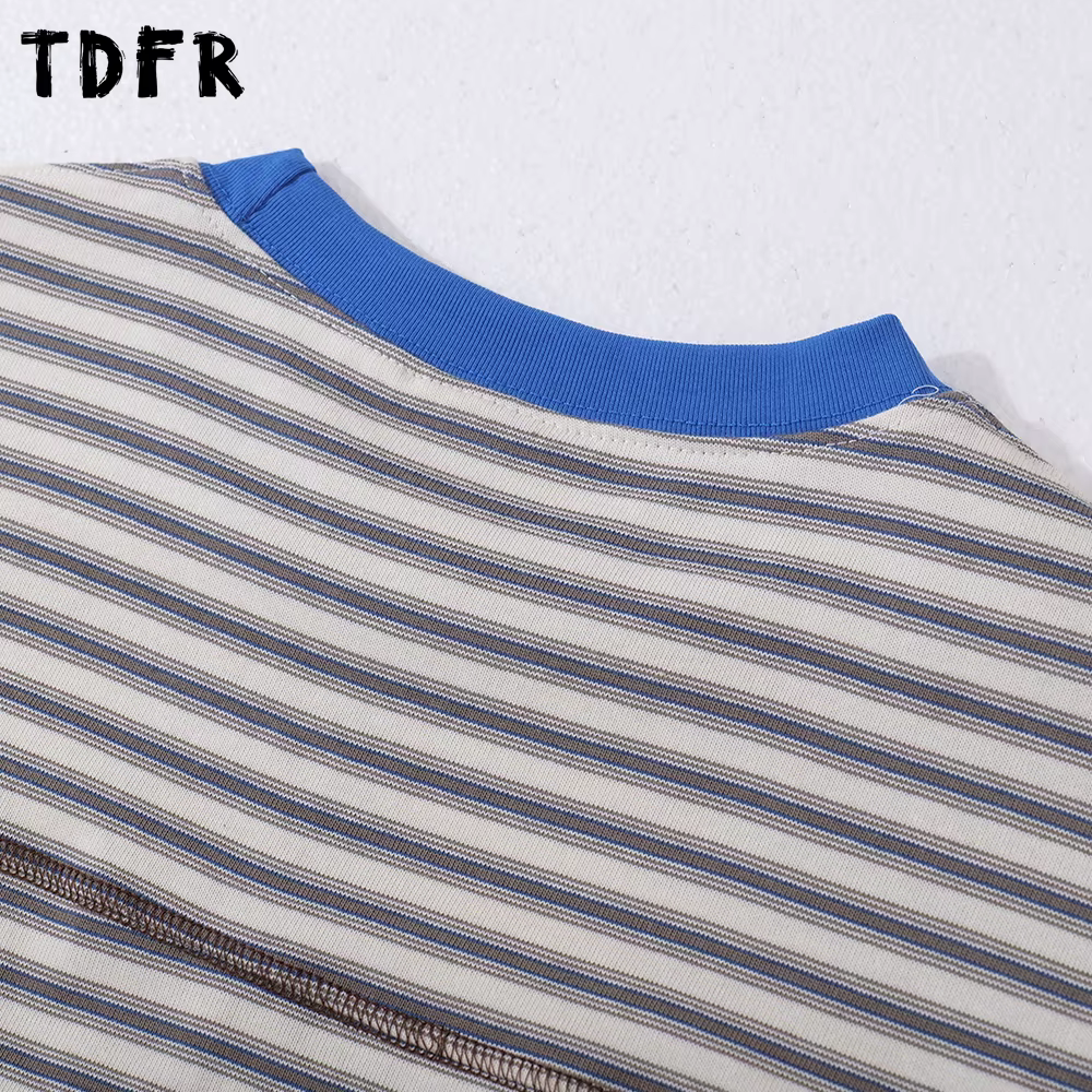 T-shirt à manches longues rayé épissé hommes automne rétro décontracté ample