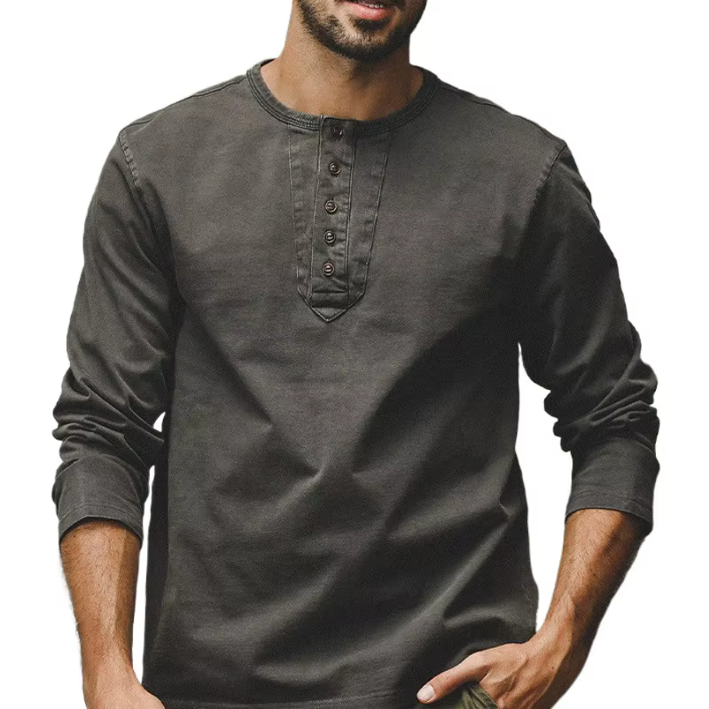 Nouveauté américain rétro col Henry T-Shirt à manches longues hommes ample décontracté haut tendance respirant coton couleur Pure