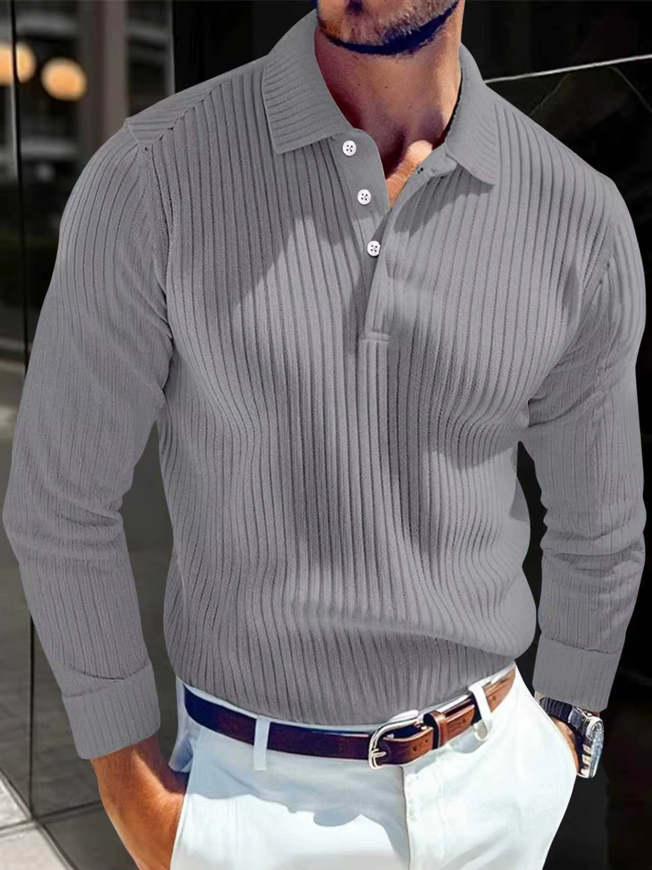 Polo à col tricoté à manches longues coupe ajustée pour homme