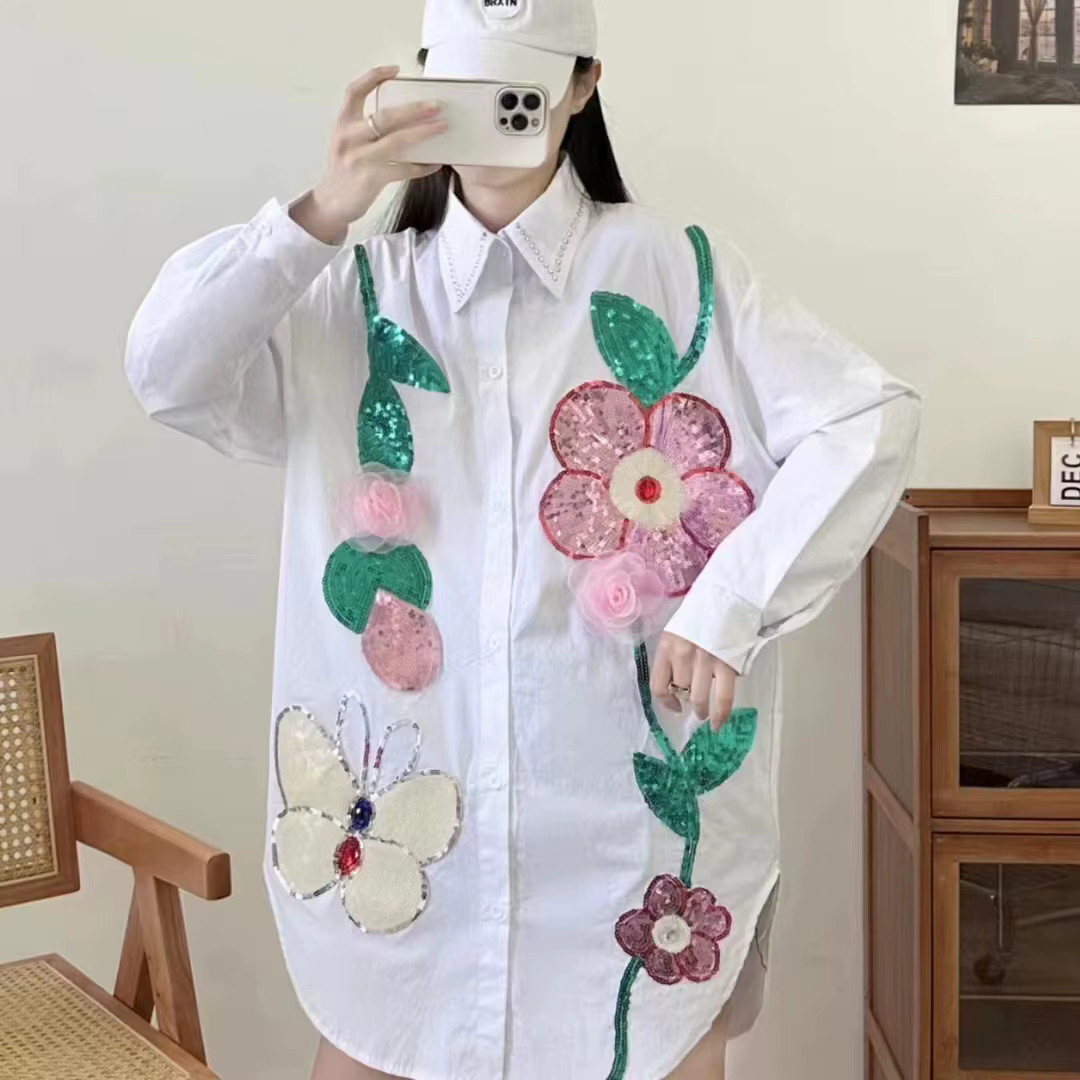 Paillettes fleurs point ample décontracté surdimensionné longues chemises et chemisiers en coton pour les femmes 2025 printemps été hauts filles Y2k Camisas