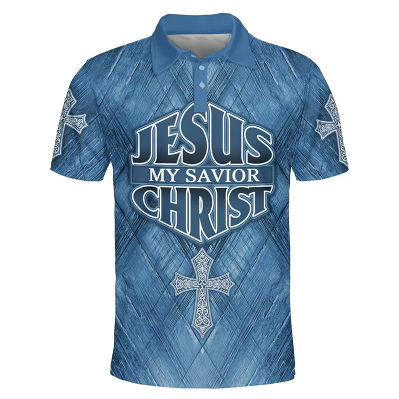 Polo Homme Imprimé 3D Fashion Jesus Motif Croix Coupe Oversize Manches Courtes Unisexe Décontracté Col Boutonné Hauts Vêtements de Golf