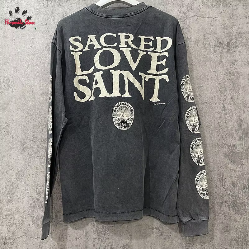 Nouveau lavé Saint à manches longues t-shirt hommes femme surdimensionné décontracté Couple printemps été endommagé col
