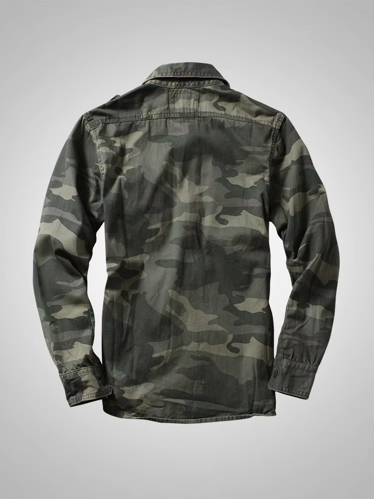 American Heavy Retro Men's Long Sleeved Camouflage Shirt Outdoor Cargo Casual Multi Pocket Work