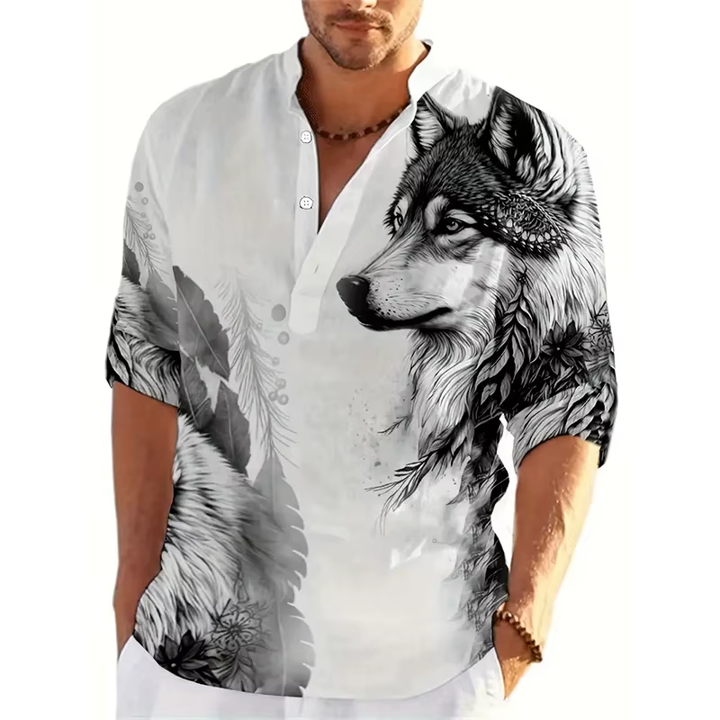 Animal loup 3D imprimé Henley chemises hommes mode Streetwear surdimensionné col montant à manches longues chemise hauts chemisier homme vêtements