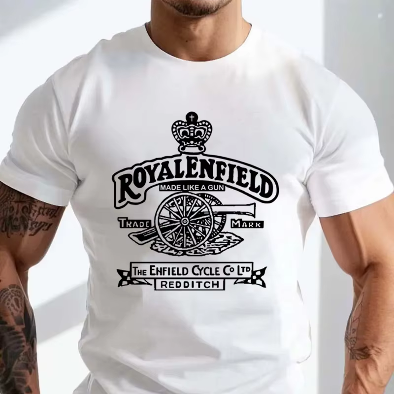 T-shirt de motard classique rétro vintage de taille asiatique avec logo Royal Enfield, en coton, à manches courtes, décontracté
