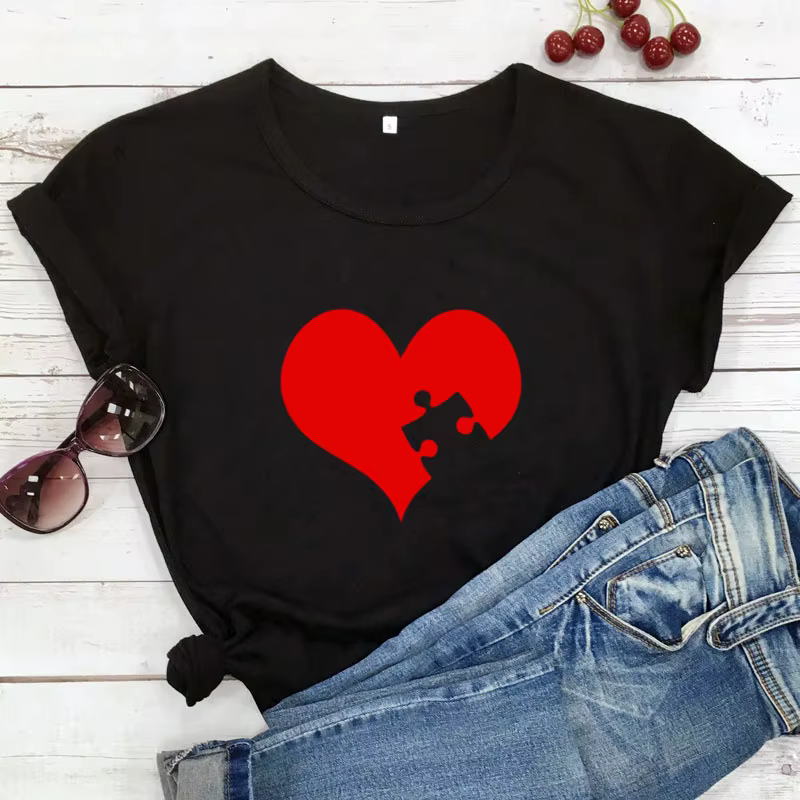 Puzzle coeur rouge imprimé Couple t-shirt amoureux à manches courtes col rond