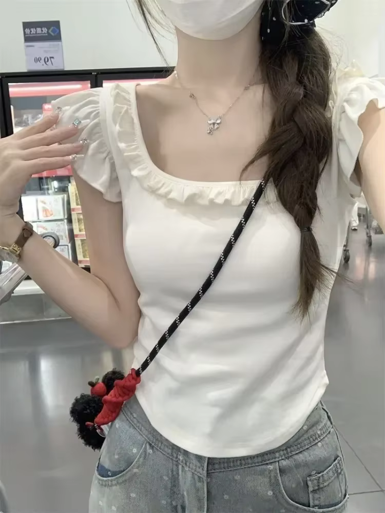 Blanc femme t-shirts col carré manches volantes tunique Camisetas 2025 Ropa Mujer été