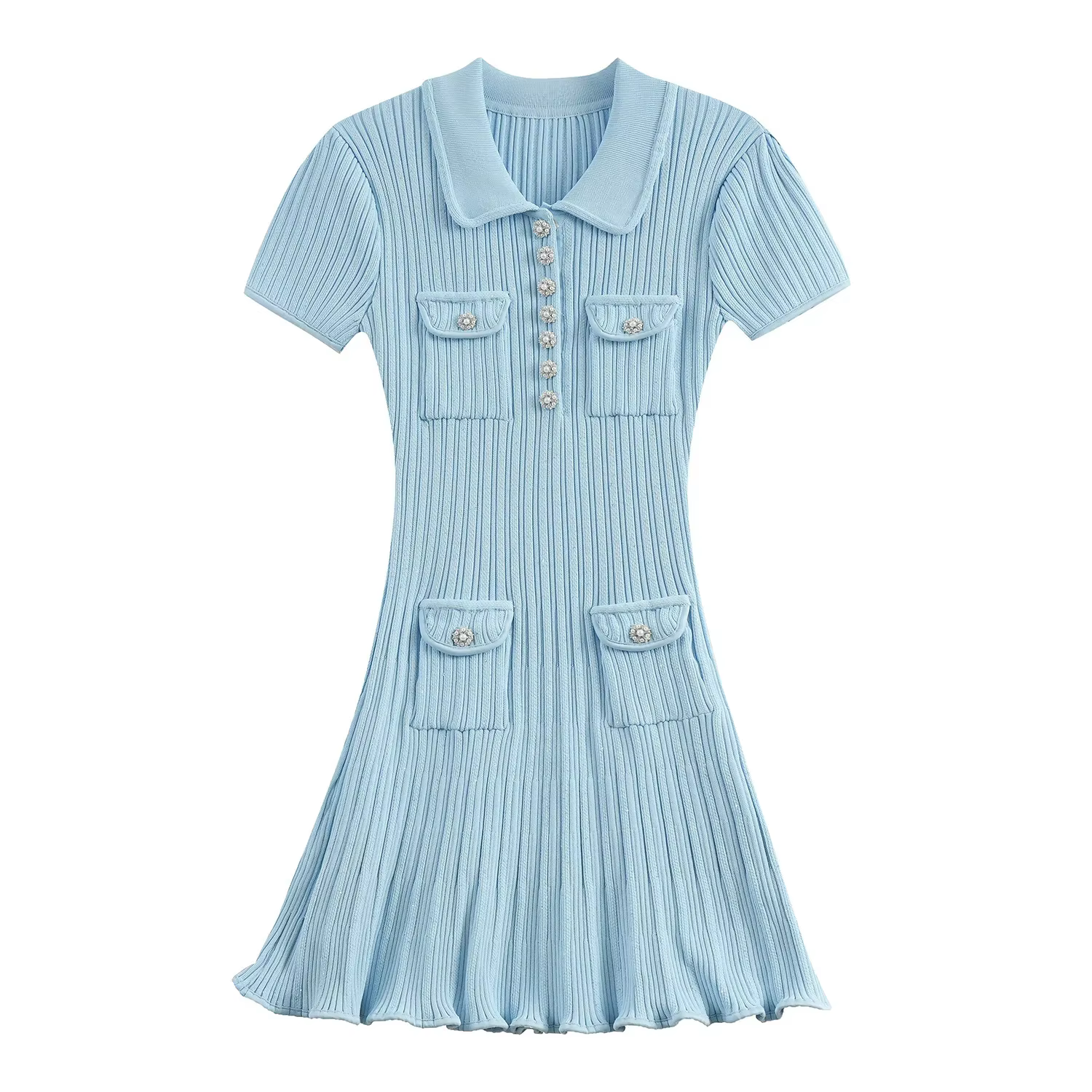 Marque Designer Polo robe tricotée femmes été à manches courtes simple boutonnage fleur bouton tricot pull Mini robes