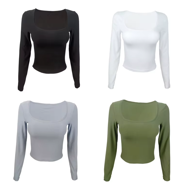 T-shirt à manches longues Slim hauts Sexy femme vêtements col carré près du corps