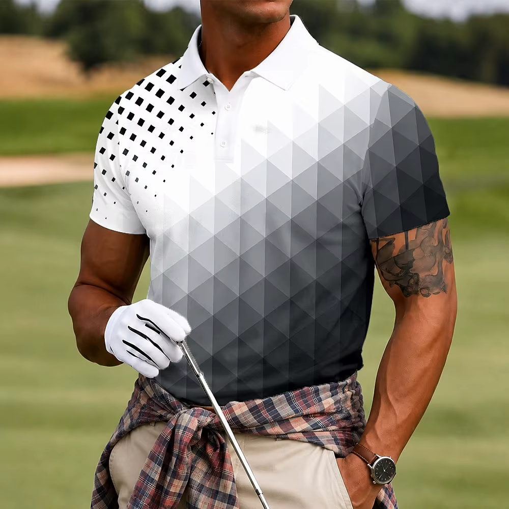 Polo pour homme à imprimé géométrique dégradé noir et blanc