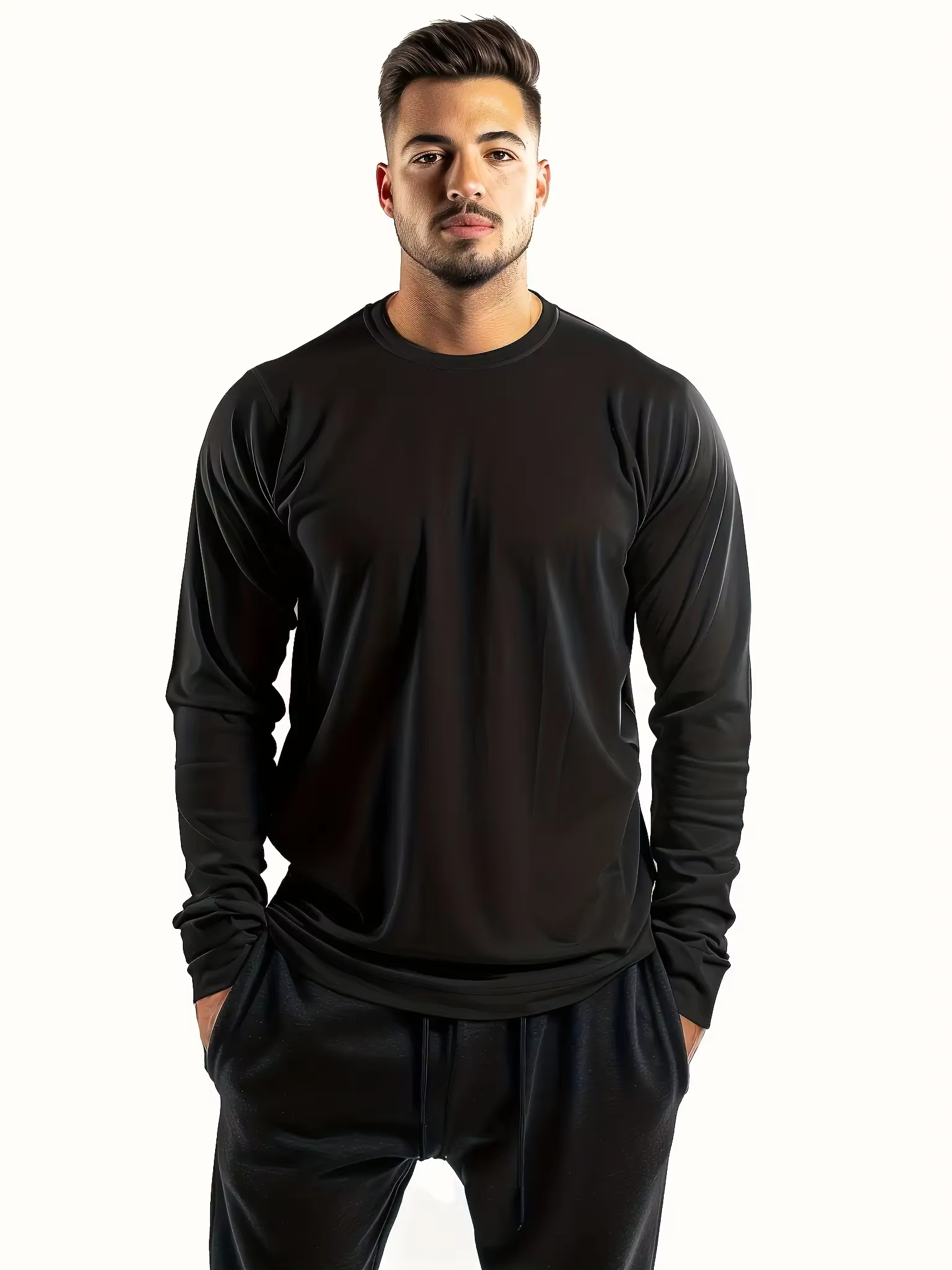 T-shirt 5 pièces à manches longues et col rond pour hommes, couleur unie, design polyvalent, confortable et à la mode