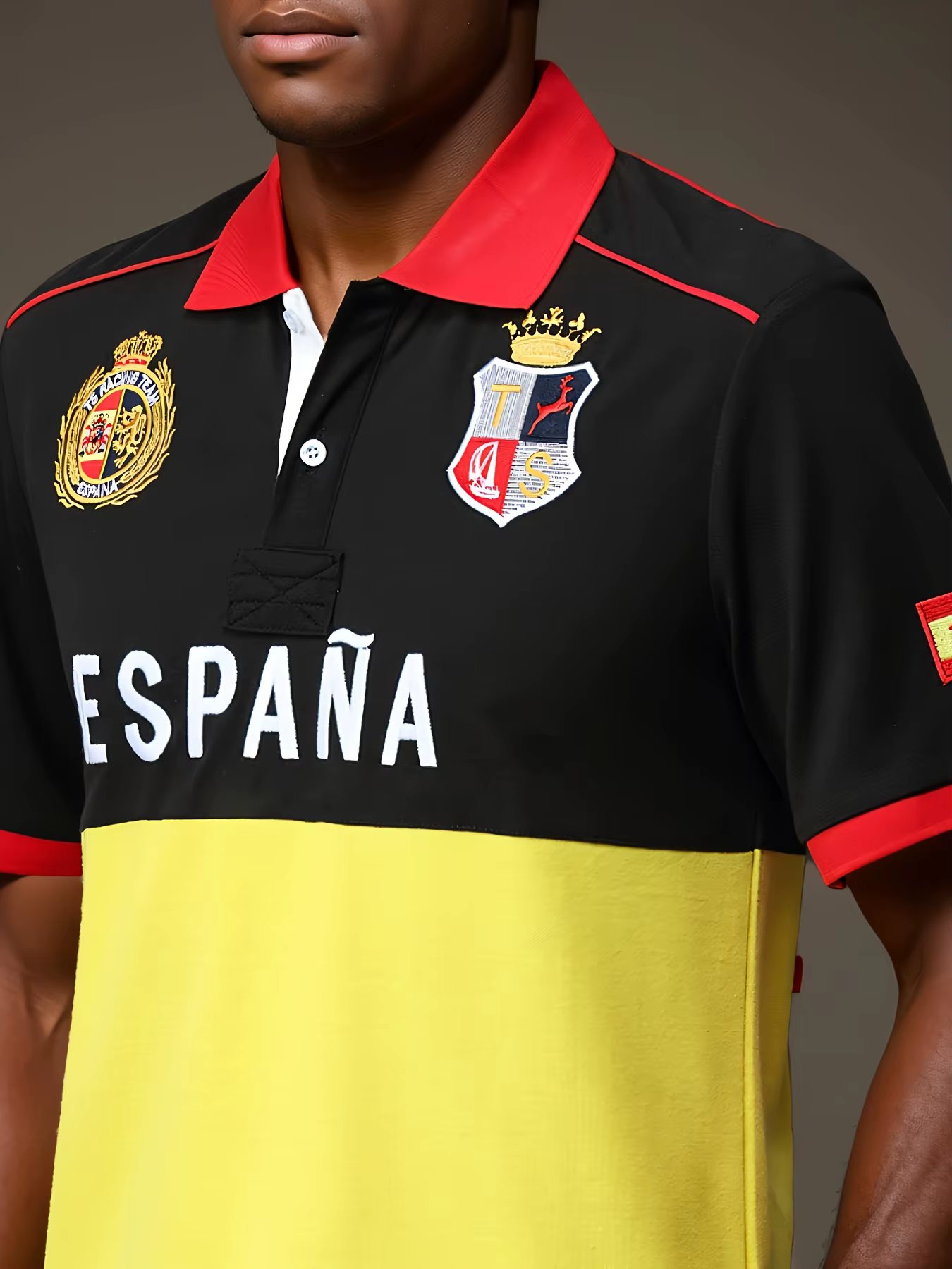 Polo Homme Espagne Manches Courtes Coton Brodé avec Fente Couleur Contrastante Design Original Loisirs Sport Fête