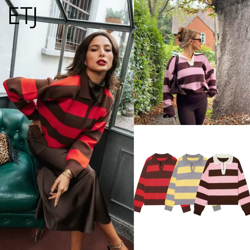 ETJ 2025 automne femmes nouvelle ligne style de rue mode jaune large rayure col polo version ample de pull à manches longues