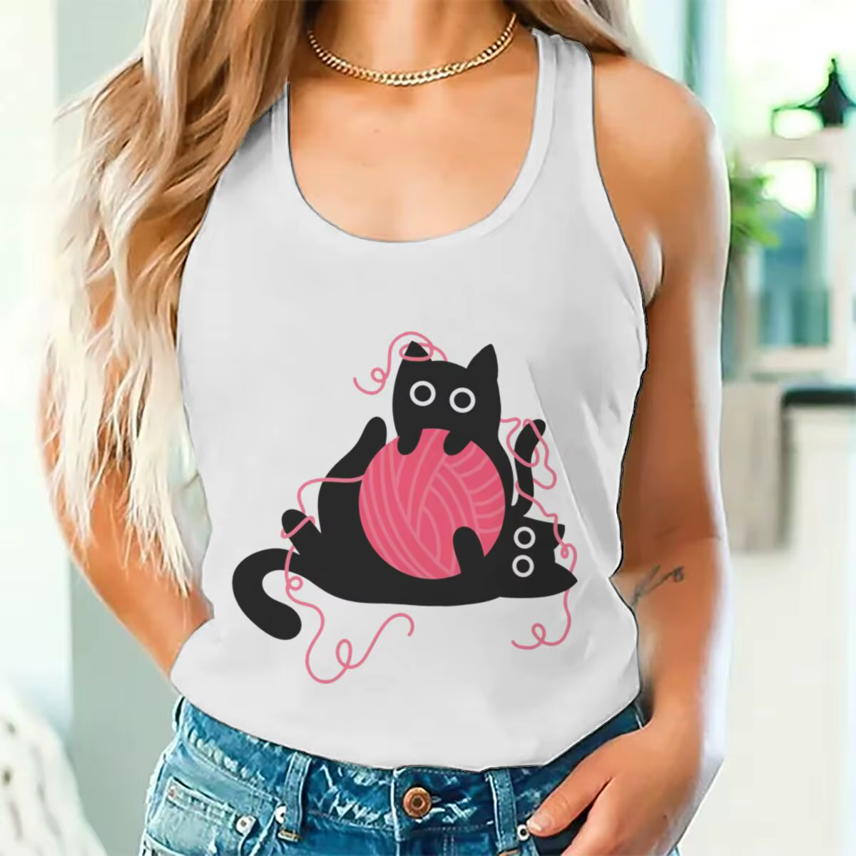 Débardeur graphique chat noir amusant pour femme